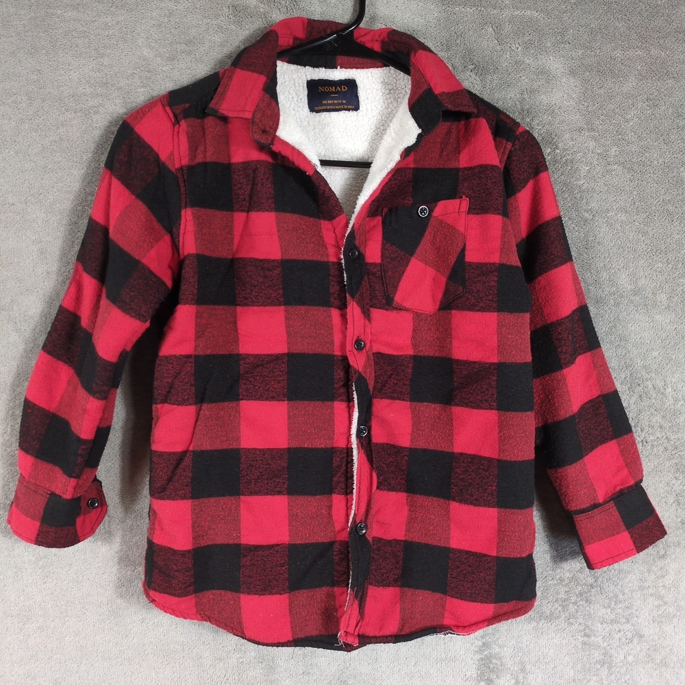 Nomad Boys Red Black Buffalo Plaid Sherpa Lined Flannel Shirt Jacket Size 10/12